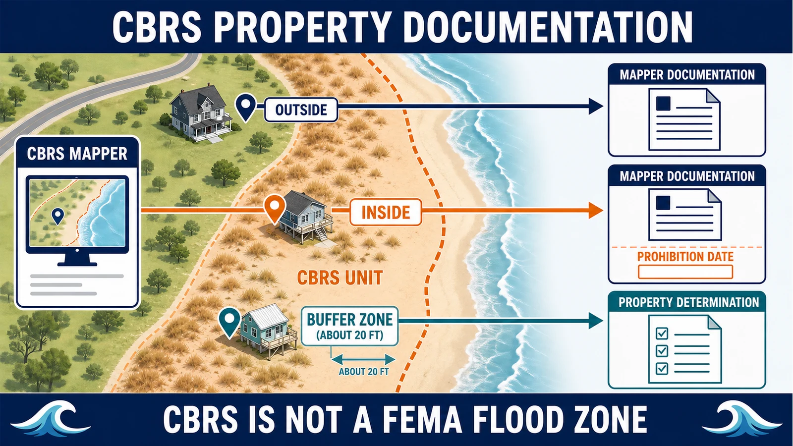Fictional coastal map separating a property outside a CBRS unit, inside the unit, or near the boundary buffer and routing each location to mapper documentation or a property determination
