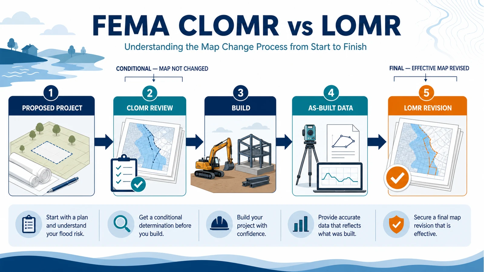 Five-step project map revision workflow from proposed project and CLOMR review through construction, as-built data, and final LOMR revision