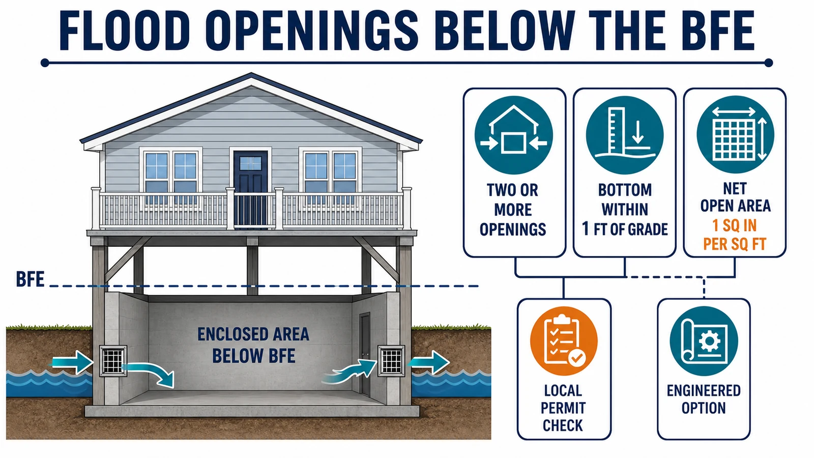 Building cross-section showing an enclosure below the BFE with two opposing flood openings, net open area, opening-height, engineered-option, and local-permit checks
