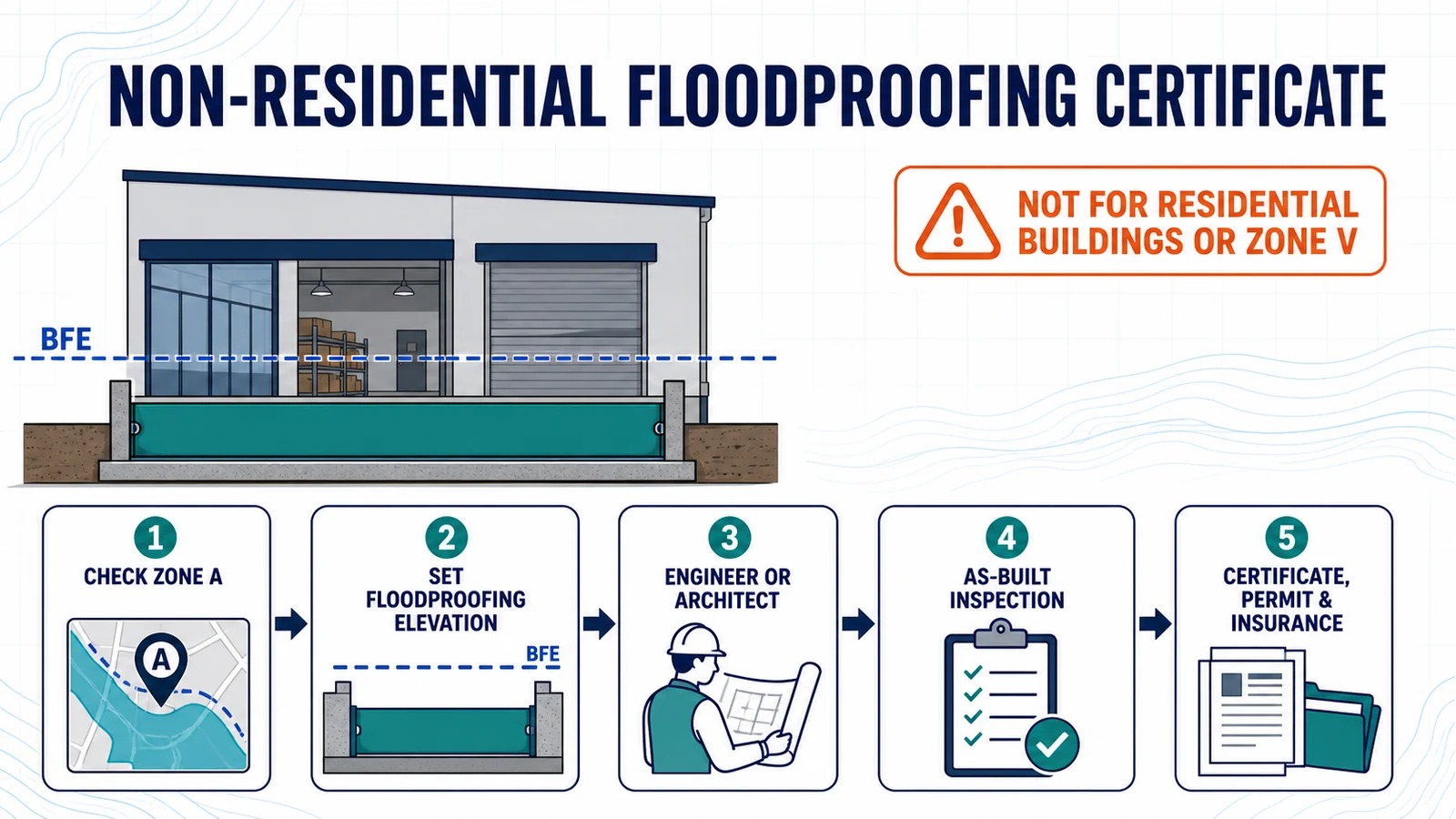 Five-step workflow for checking Zone A, setting the floodproofing elevation, professional design, as-built inspection, and certificate documentation for a non-residential building