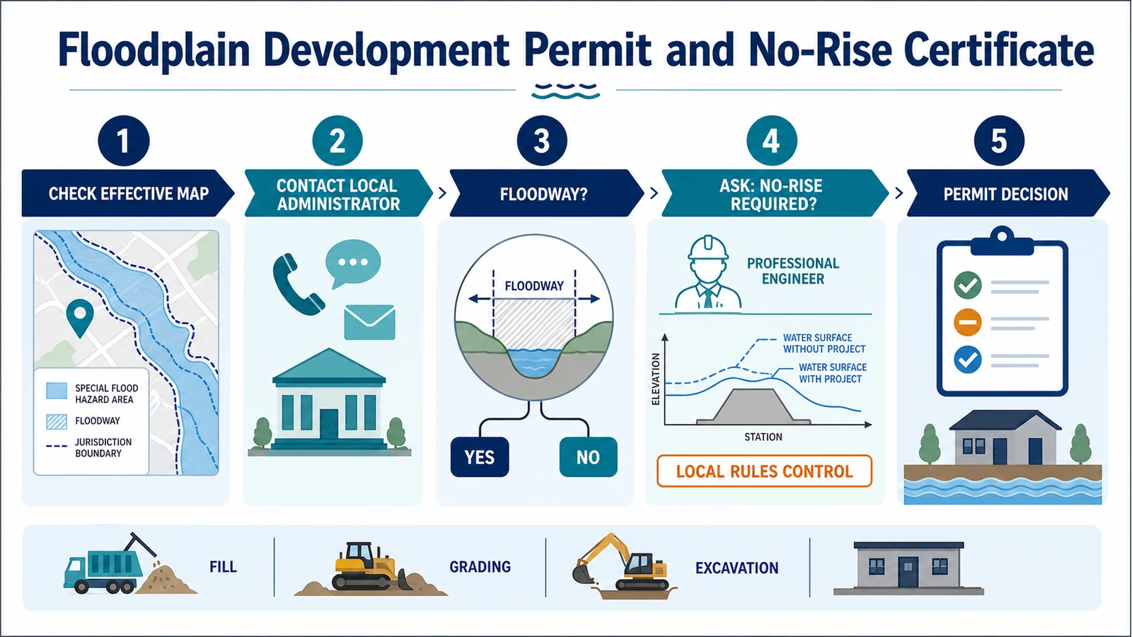 Five-step workflow to check the effective map, contact the local floodplain administrator, identify a floodway, ask whether no-rise analysis is required, and obtain a permit decision