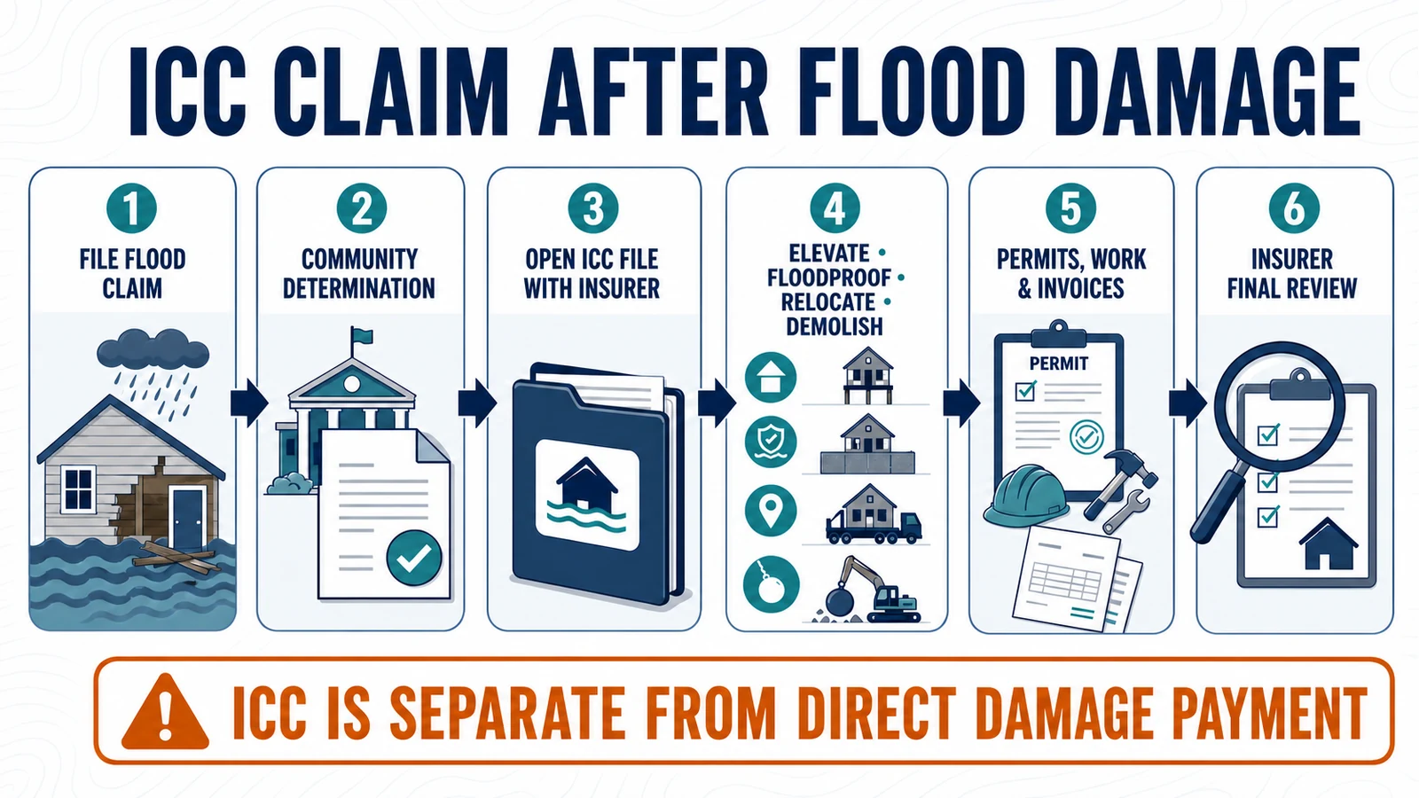 Six-step ICC workflow from the flood claim and community determination through insurer review, mitigation work, permits, invoices, and final claim review