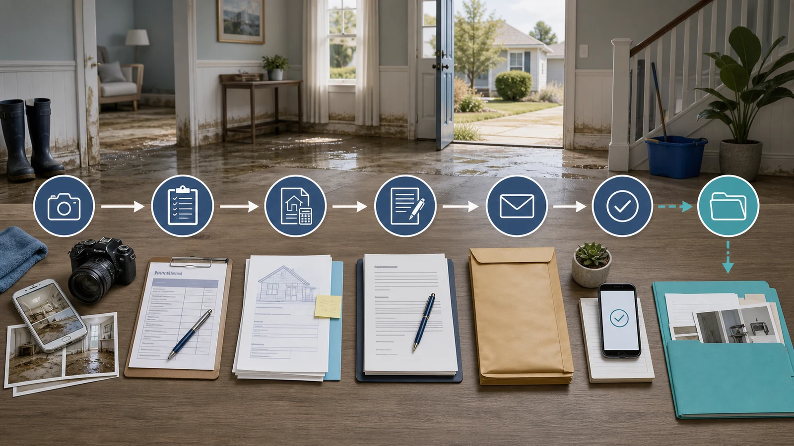 NFIP Proof of Loss workflow showing claim reporting, building and contents documentation, signed submission to the insurer, and supplemental payment review