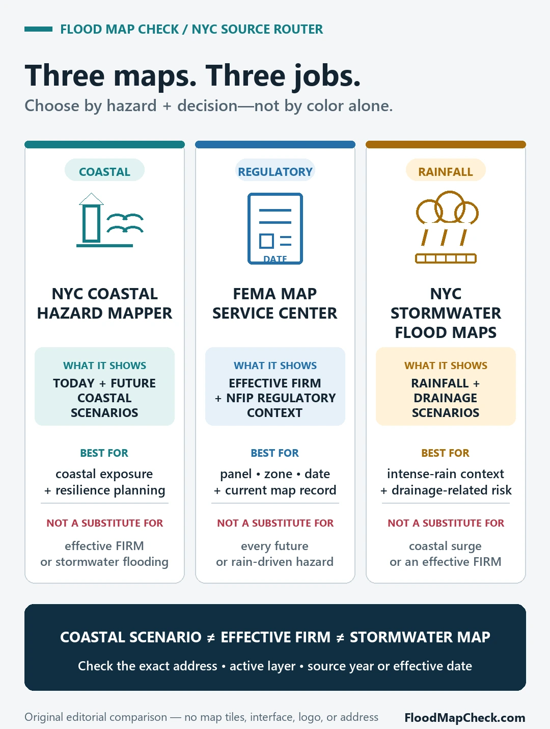 Comparison of three New York City flood-map tools: the NYC Coastal Flood Hazard Mapper for current and future coastal scenarios, FEMA's Map Service Center for the current effective FIRM and NFIP products, and NYC Stormwater Flood Maps for modeled rainfall-driven flooding