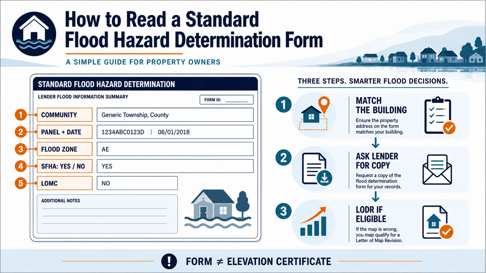 Generic lender flood determination form showing community, panel and date, flood zone, SFHA status, LOMC, and steps to match the building and ask the lender for a copy